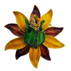 Flower Power Brooch Yellow Green Brown Enamel Metal Pin Hippie Mod Vtg 60s Boho